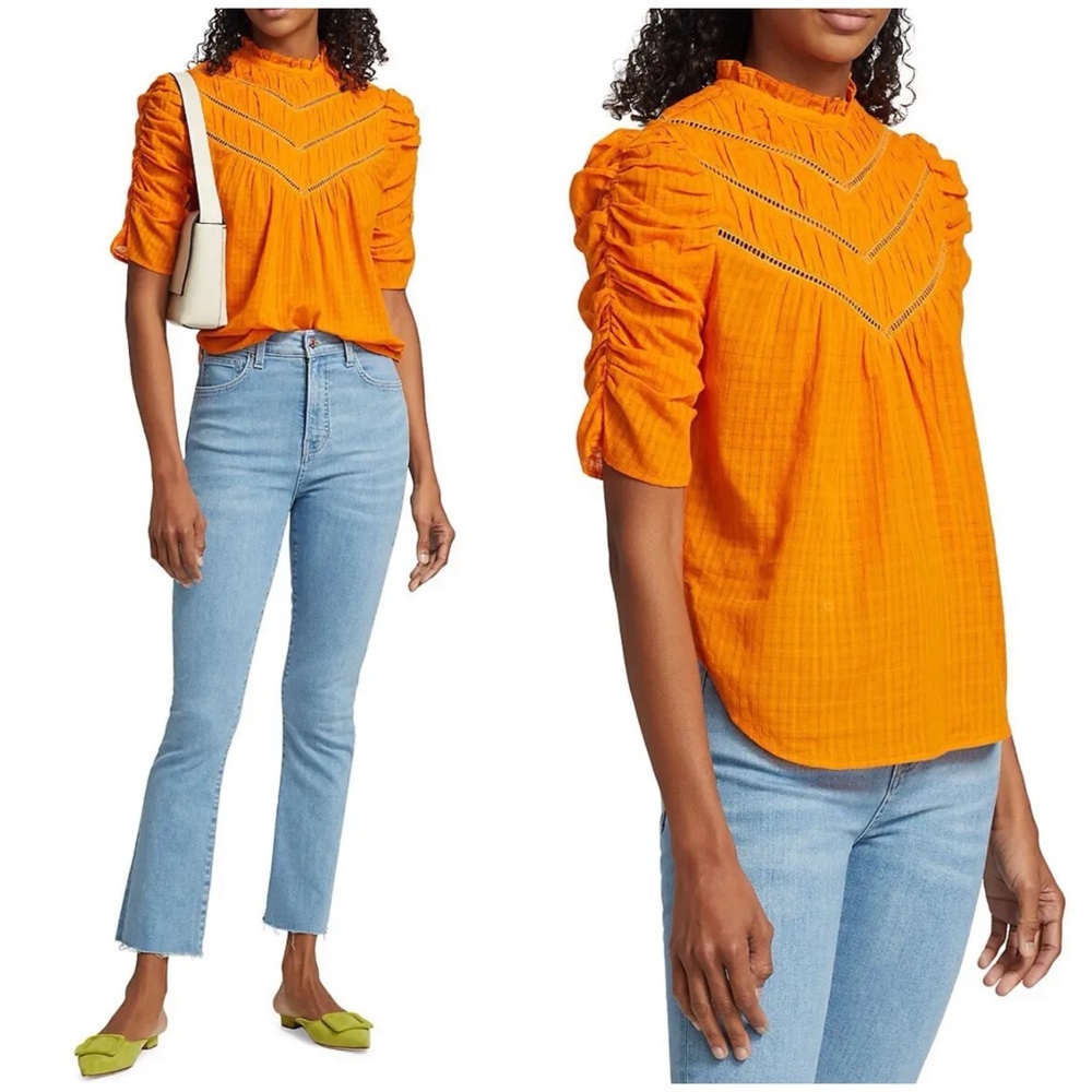 Veronica Beard Frasier Lace-Insert Blouse in Hot Orange